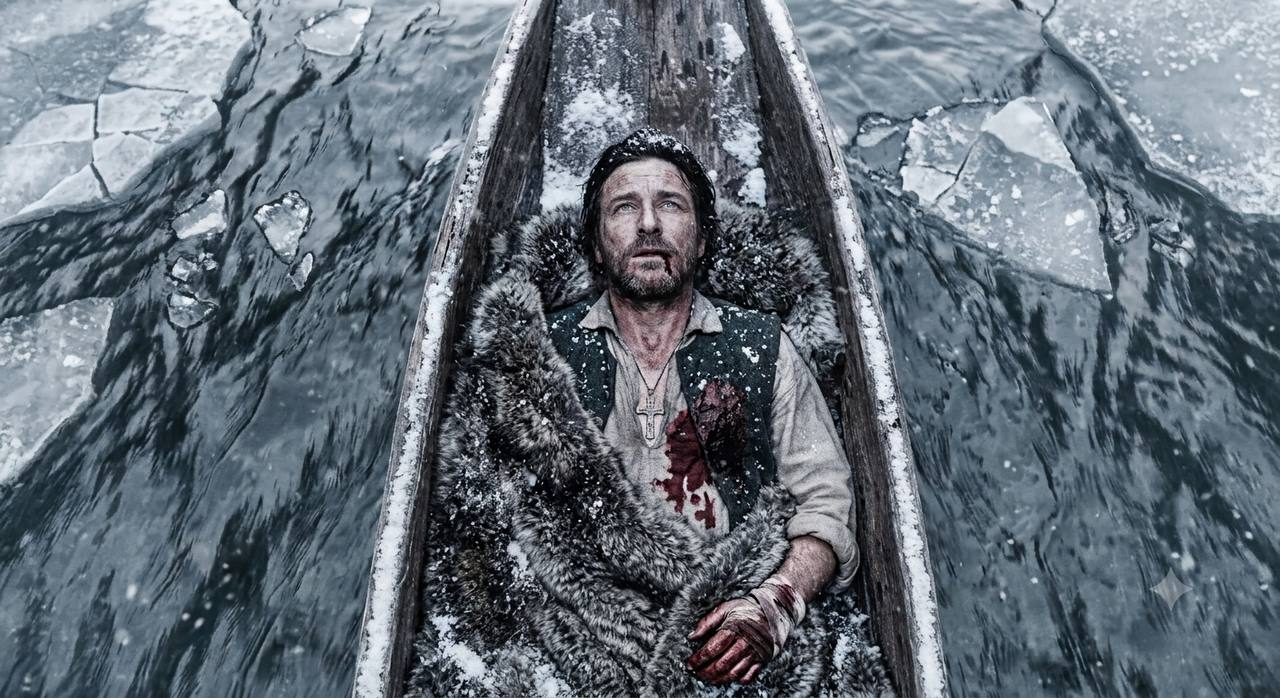 A wounded, bearded man wrapped in a fur blanket, lying in a snow-dusted wooden boat on dark icy water, looking up